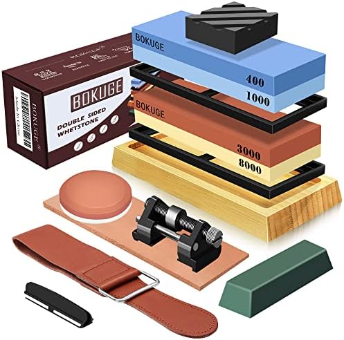 Knife Sharpening Stone, BOKUGE Professional Whetstone Knife Sharpener, 4 Side Grit 400/1000 3000/8000, Complete Knife Sharpening Kit with Non-Slip Bamboo Base, Honing Guide, Polishing Combination