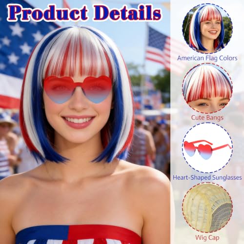 Image of PLULON Red White Blue Bob Wig with Heart Sunglasses for Women, Colored Short Bob Hair Fun Synthetic Hair with Wig Cap 4th of July Costume Hairpieces Independence Day Outfit for Cosplay Halloween Party