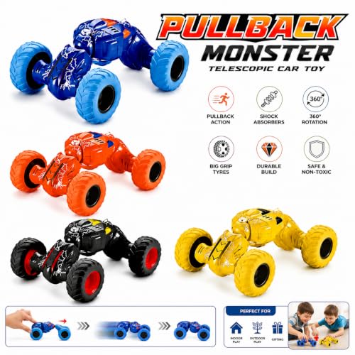 Image of Pull Back Monster Telescopic Stunt Car Toy for Kids 3+ | 360 Flip & Roll Action | Double-Sided Friction Powered Off Road Monster Truck, Random Colour- Pack of 1 (Monster Telescopic Car)