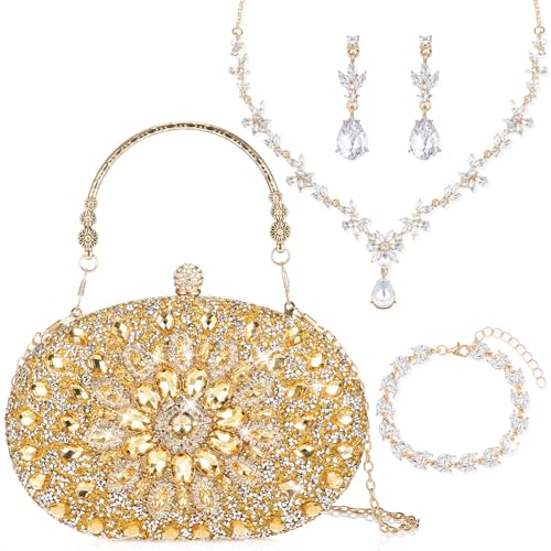 Image of Quelay 4 Pcs Purse Rhinestone Jewelry Set for Wedding Bridal Women Evening Clutch Bag Necklace Dangle Earrings Bracelets