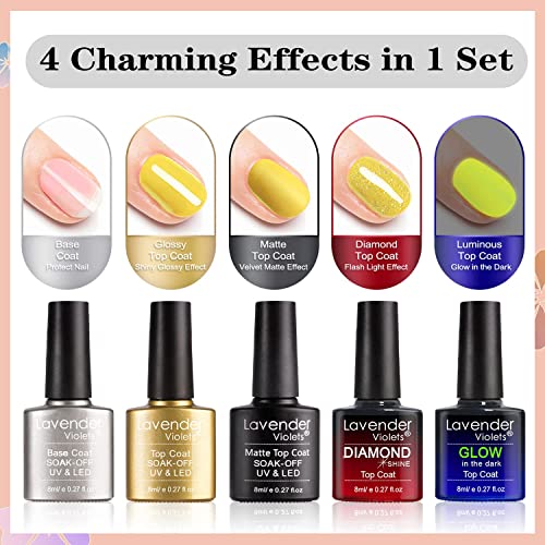 Lavender Violets 42 Pcs Gel Nail Polish Kit Set With 36 Colors Coat, 6 Bottles Of Base Top Coat, Glossy Matte Diamond Shine Glow In The Dark Top Coat For Nail Art C502 #TOP4