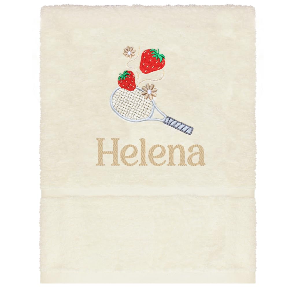 TeddyT's Personalised Tennis & Strawberries Embroidered Hand Towel (Cream)