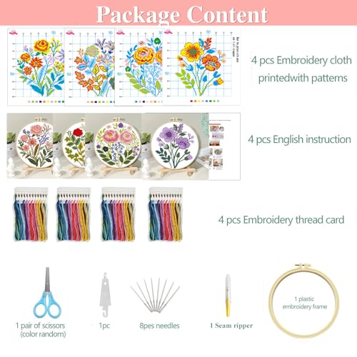 Image of Zhenqing 4-Piece Floral Cross Stitch Kit for Beginners - 11CT 24x24cm Christmas Embroidery Set with Pre-Printed Fabric, Hoop, Threads & Tools(70526)