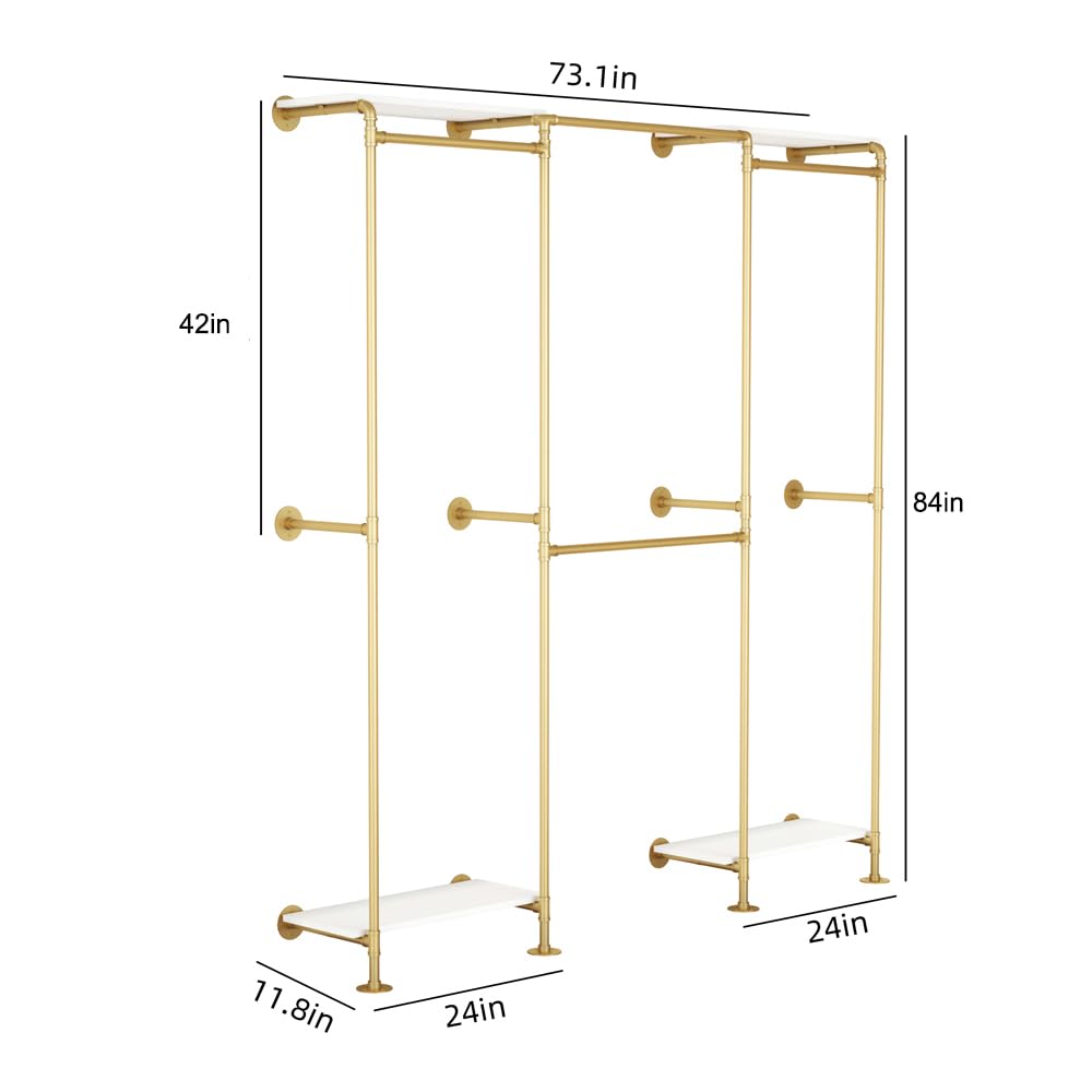 KaKaBB Industrial Pipe Clothing Rack, Adjustable Gold Corner Clothes Rack with Shelves, Wall Mounted Clothing Rack for Hanging Clothes, Closet System for Walk in Closets(GOLD)