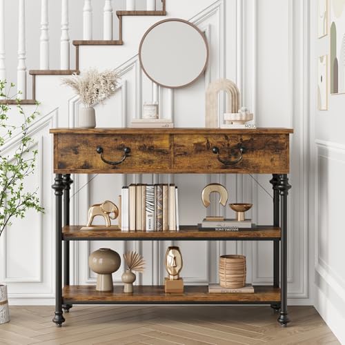 CherishCradle Table Console avec 2 Tiroirs et 2 Étagères Ouvertes,Console Meuble Rustique Table d'Appoint Étroite pour Couloir,Salon,Entrée, 100 x 30 x 80 cm, Marron