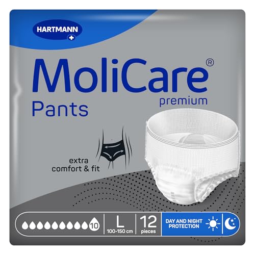 MoliCare premium Pants 10 Tropfen | Inkontinenzhosen für Frauen und Männer mit schwerer Inkontinenz Einweg Erwachsenen Pull-ups mit extra Auslaufschutz | Größe L | 12 Stück