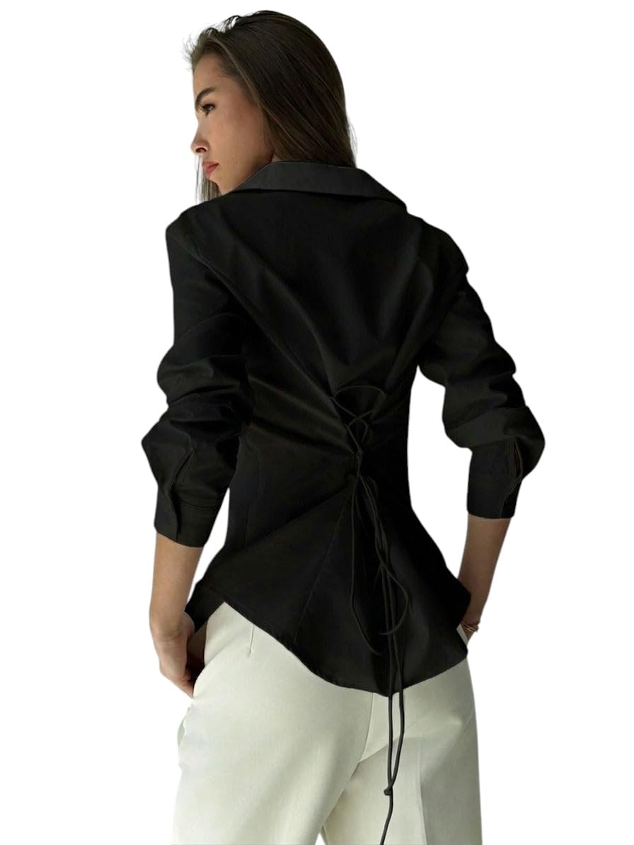 oomph! Women Solid Cotton Shirt with Back Tie-Up Detail | Corset Style | Cinched Waist Shirt | Cotton Formal Shirt-picture-45
