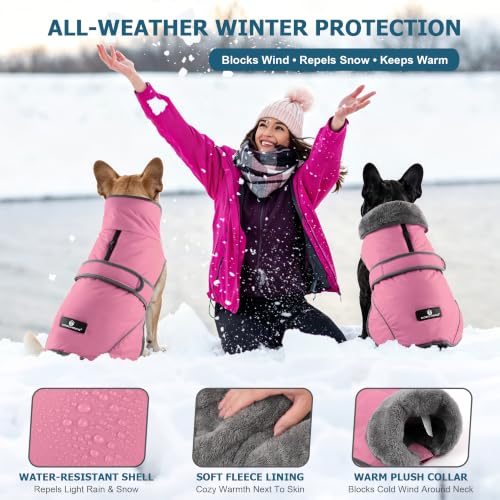 Image of Dogcheer Dog Coat, Waterproof Dog Jacket Reflective Pet Winter Coat with Adjustable Hook & Loop, Christmas Puppy Fleece Jacket Warm Turtleneck Snowsuit for Small Medium Large Dogs - Dusty Pink, S