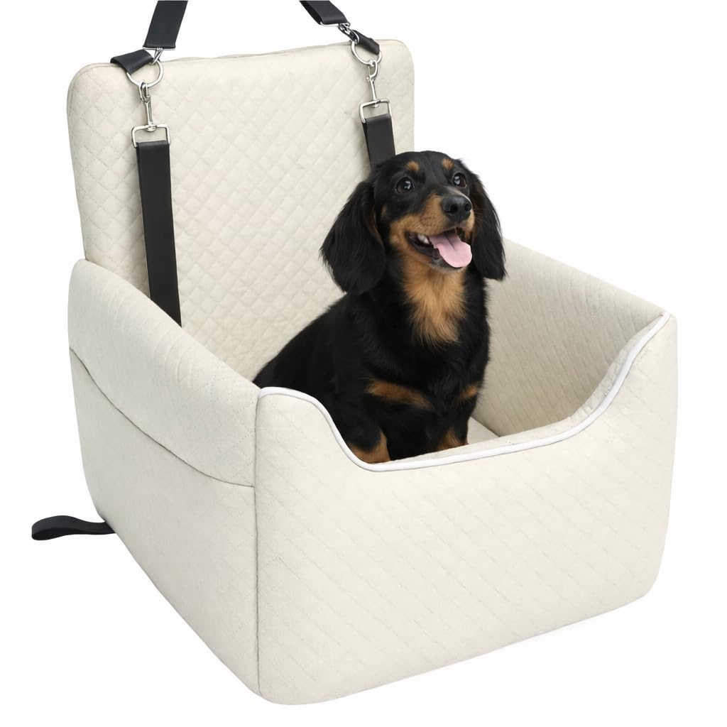 Dog Car Seat for Small/Medium Dogs Under 35lbs, Soft Booster Car Seat with Detachable Washable Cover and Cushion, Memory Foam Pet Car Seat with Safety Belt and Storage Pockets, Puppy Dog Car Bed