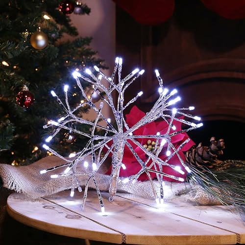 Alpine Corporation CRD100S-WT Christmas Twig Snowflake Ornament with LED Lights Indoor Festive Holiday Décor, 10-Inch, White