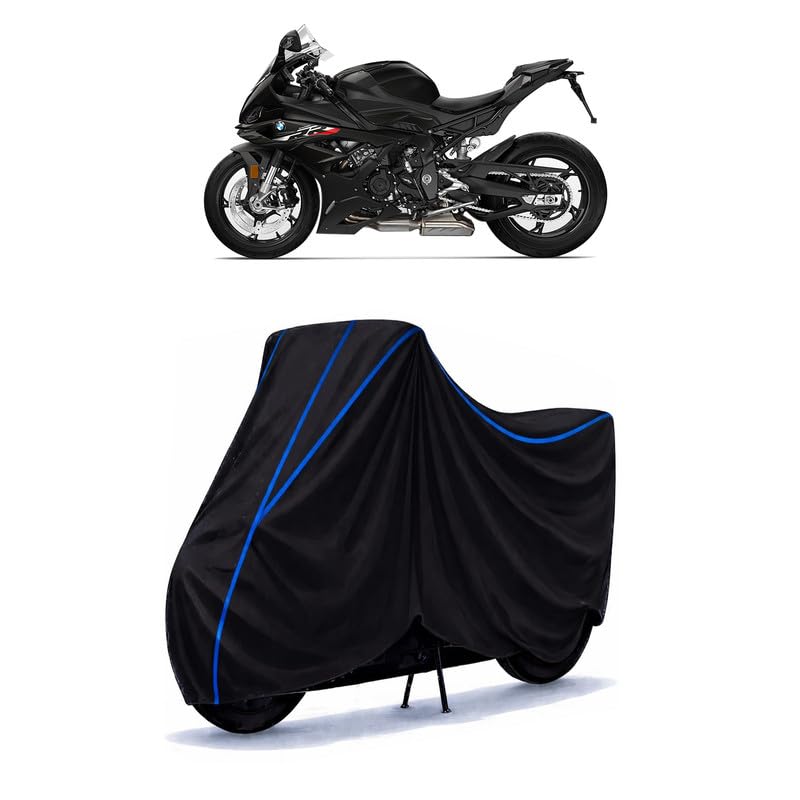 Image of S 1000 RR Bike Cover Water Resistant Universal Motorcycle Rain | Heavy Duty UV Protection, Dust, Scratch Indoor Outdoor All Weather with Black Blue Piping Elastic
