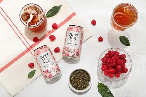 Image of Just Ice Tea, Raspberry Flavored Black Iced Tea, 12-Pack (12oz Cans), USDA Certified Organic, Low Calorie, No Artificial Sweeteners, Fair Trade, Made in USA.