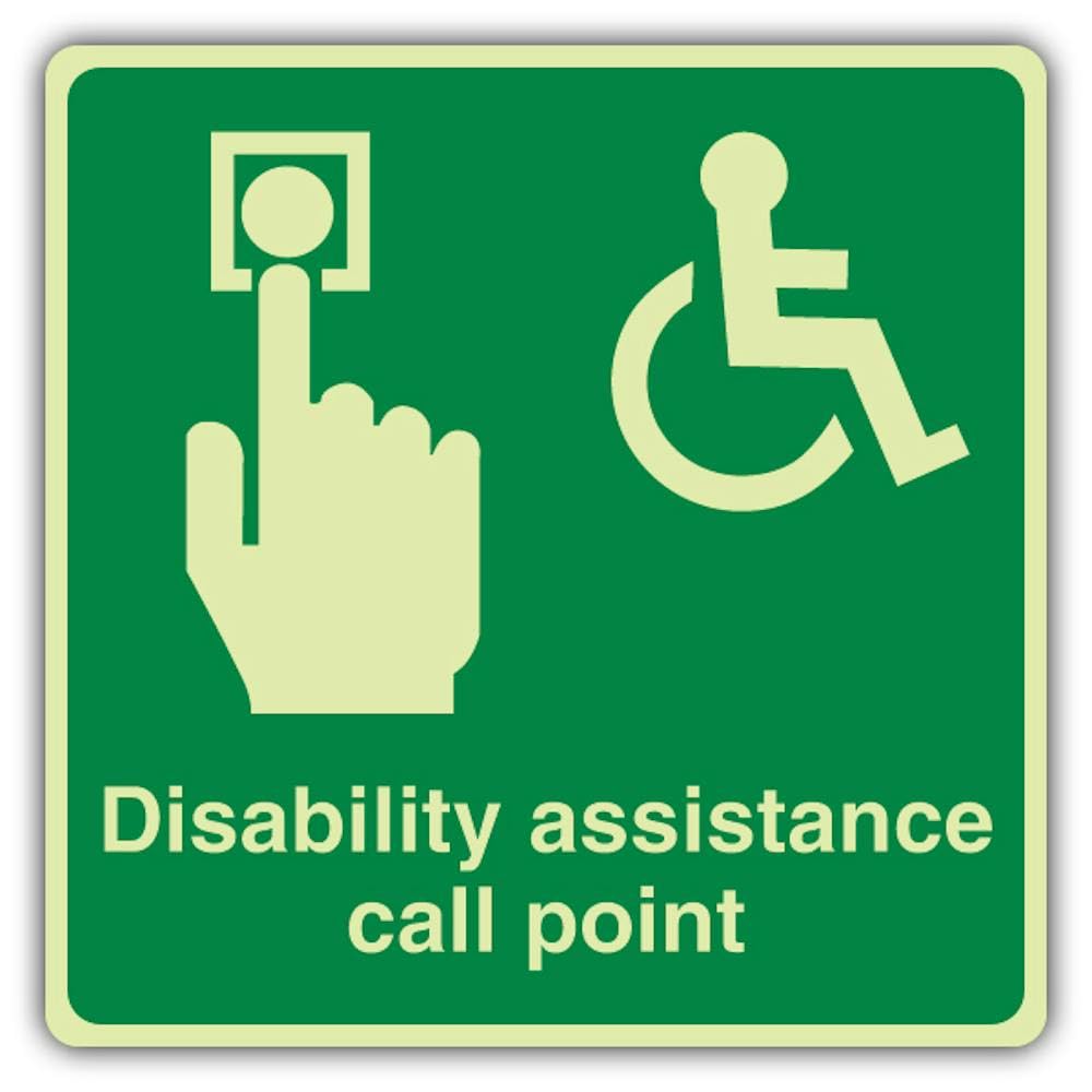 V Safety Photoluminescent Disability Assistance Call Point - Green - Square Safety Sign - 150 x 150 mm - 3mm Aluminium Composite - Triple Glow