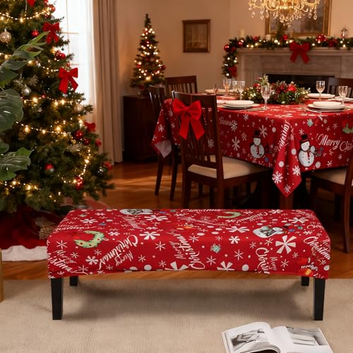 Image of SearchI Christmas Dining Bench Cover, Stretch Washable Long Bench Seat Covers, Rectangle Dining Table Bench Slipover for Dining Room, Living Room, Kitchen(Snowman)