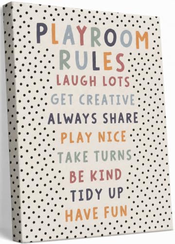 Image of Kids Playroom Canvas Wall Art, Neutral Playroom Rules Painting Picture Wall Decor, Boho Classroom Educational Poster Print Artwork for Classroom, Nursery, Toddler Home Decoration, 16x24in Framed
