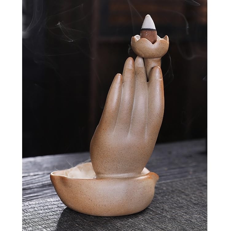 Portaincenso Bruciatore di incenso a mano di Buddha in gres sabbia viola, medio, legno di agar, legno di sandalo, decorazione creativa for la casa Bruciatore Di Incenso A Riflusso