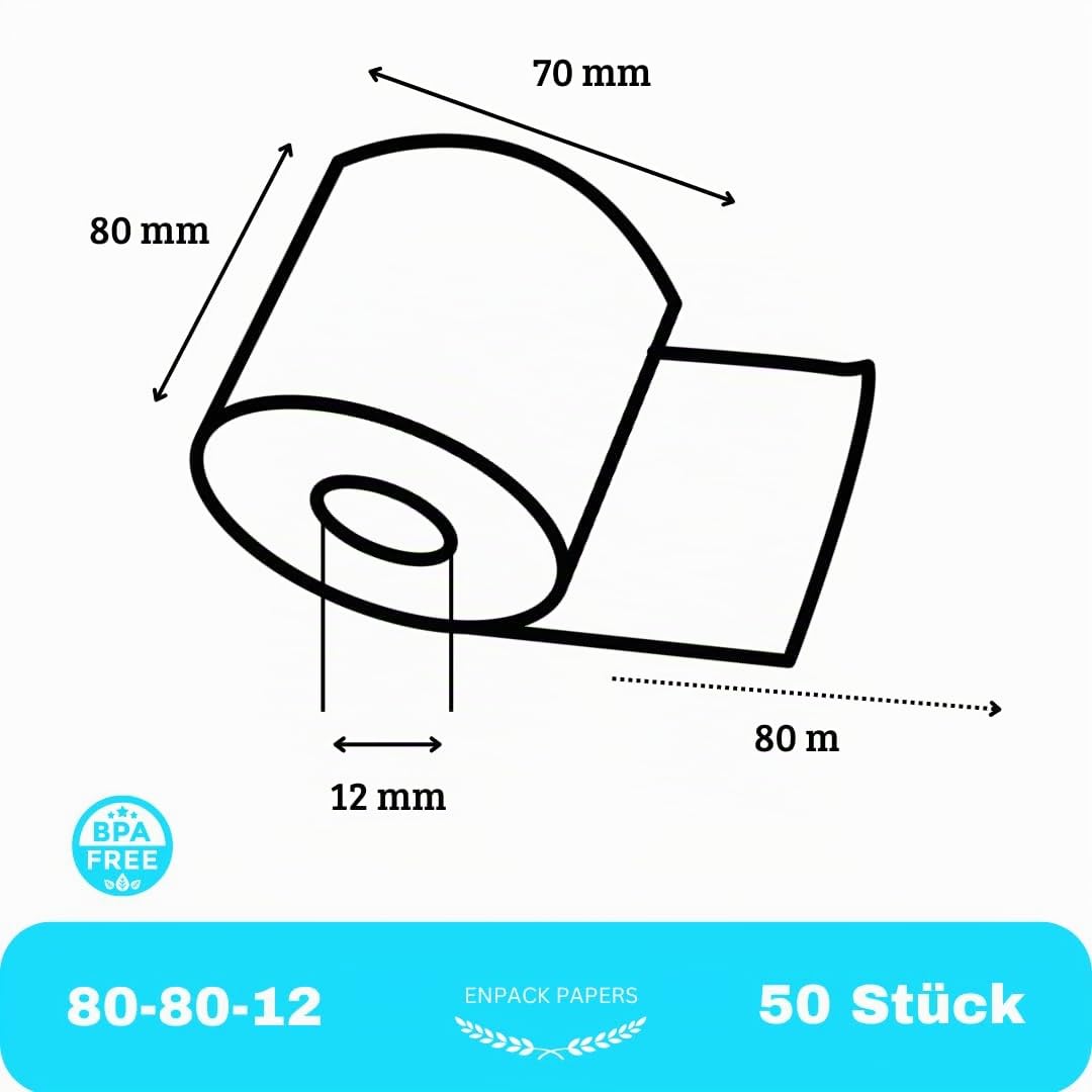Enpack Thermorollen 80mm x 80m x 12 mm -Thermopapier - Bonrollen/Kassenrollen-BPA Frei - POS-Terminal - für alle gängigen Kassen-Bondrucker - Registrierkasse (80x80x12-80 Meter - 50 Rollen)