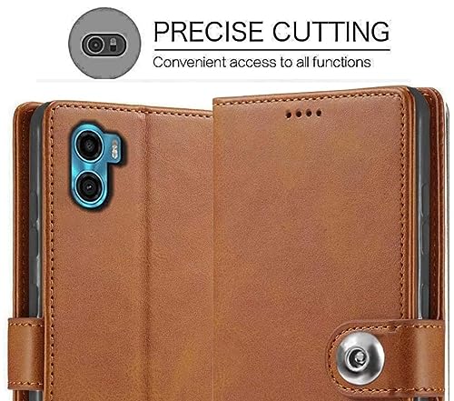 Image of SHINESTAR Ultimate Leather Finish Flip Back Cover for Motorola Moto E32 | Inside TPU & Inbuilt Stand | Wallet Style Motorola Moto E32 Back Cover Case | Stylish Button Magnetic Closure - Brown