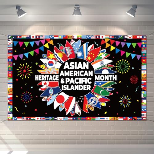 Buxiuer Asian American and Pacific Islander Heritage Month Photo Booth Backdrop AAPI Country Flags Decoration Bulletin Board Banner Wall Decor (5.93.6ft)