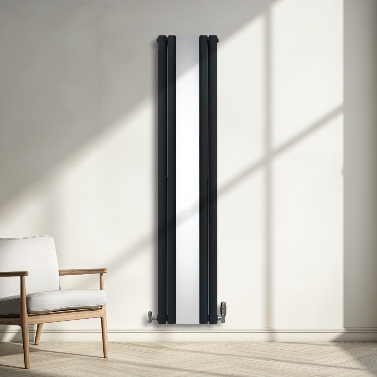 Radiatore a Colonna Ovale e Specchio Integrato 1800 x 380mm, Moderno Verticale Doppia Colonna Acciaio al Carbonio Grigio Antracite Opaco, Cucina Soggiorno Bagno [Spazzola, Attacchi Murali e Supporti