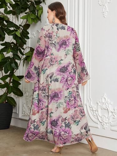 Image of Spring Summer 2024 Plus Size Womens Dresses V Neck Casual Elegant Long Sleeve Floral Print Maxi Dress