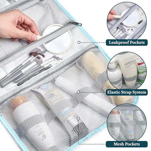PAVILIA Hanging Toiletry Bag Women Men, Travel Kit Foldable Large Toiletries Organizer, Roll up Cosmetics Makeup Bag Accessories, Waterproof Essentials Jewelry Case (Teal Chevron)4