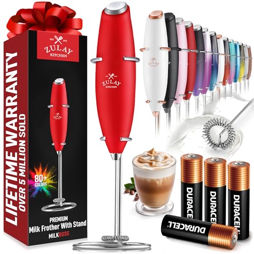 Zulay Kitchen Powerful Milk Frother Wand With 4 AA Duracell Batteries - Ultra Fast Handheld Drink Mixer - Electric Whisk Foam Maker for Coffee, Lattes, Cappuccino, Matcha & Creamer - Cardinal Red