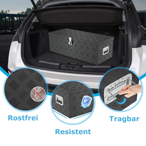 Froadp Aluminium Kiste mit Deckel, 800x220x225 mm Alubox Werkzeugkiste abschließbar, wasserdichte Alu Transportbox für Werkzeuge, Camping & Aufbewahrung (Schwarz)