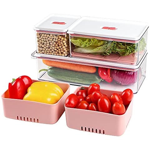 Produce Saver, Beeptrum Stackable Food Storage Containers with Vented Lid and Removable Drain Tray, Durable Fresh Keeper Storage Bin for Produce, Fruits, and Vegetables, BPA-Free, Set of 3, Pink Cover