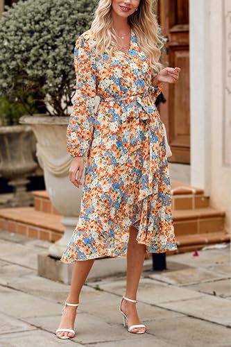 Image of PRETTYGARDEN Women's Floral Boho Dress Fall Long Sleeve Wrap V Neck Ruffle Flowy Maxi Spring Wedding Guest Vacation Dresses