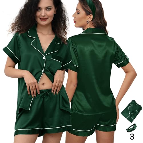 Image of 3Pcs Silk Pajamas XS-4XL Womens Satin Pajama Short Floral Sleepwear Bride Soft Pj Lounge Sets Pjs Shorts Set