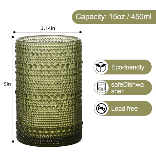 Image of ZMOWIPDL Drinking Glasses Set of 6,15 oz Green Hobnail Glass Cups