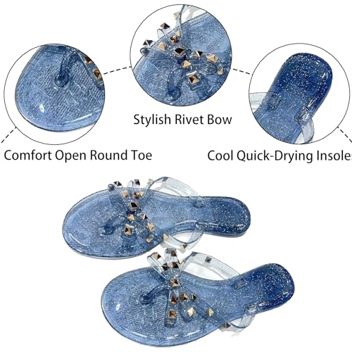 Women's Studded Bow Jelly Flat Flip Flops Fashion Comfort Open Round Toe Slip On Thong Slipper Sandals With Rivets for Summer Outdoor Beach Pool3