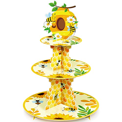 Tiamon 3 Tier Bee Paper Cupcake Stand Holder Sunflower Party Dessert Round Tower Yellow Sturdy Cupcake Pastry Stand for Kids Birthday Baby Shower Decorations Bee Theme Party Supplies