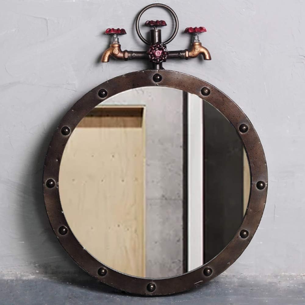 Vintage industrialne lustro ścienne z metalową ramą, okrągłe szklane lustro, konstrukcja kranu, 50 cm - idealne do dekoracji domu przedpokoju