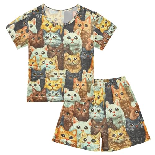 ALAZA Multicolor Cat Kitten Pajamas Set Short Sleeve Cotton Sleepwear Summer Pjs 2 Piece 5-14Y
