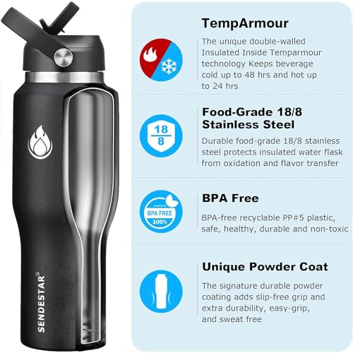 Image of SENDESTAR 40oz Stainless Steel Water Bottle(Cold for 48 Hrs, Hot for 24 Hrs),Double Wall Vacuum Insulated Bottle with Straw Lid, Spout Lid and Flex Cap, Fit in Any Car Cup Holder,Black