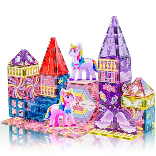 COSILY Unicorn Magnetic Tiles for Kids Rich Colors Magnetic Building Blocks STEM Educational Construction Sensory Toys Unicorn Magnetic Tiles Birthday Gifts for Girls Ages 3 4 5 6 7 8+