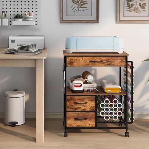Image of VENNQD Storage Cart Compatible with Cricut Machines Stand Cutting Machine Stand with Drawers and Vinyl Roll Holder Rolling Craft Cabinet Table for Cricut Craft Workstation (Rustic Brown)