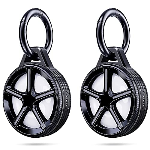 [2-Pack] Ztotops AirTag Holder, Innovative Tire Shape and Protective Design with Airtag Keychain Case, PC Shell & Shockproof TPU Airtag Stuff Finder Cover Hanging on Backpack Key Pet Collar- Black
