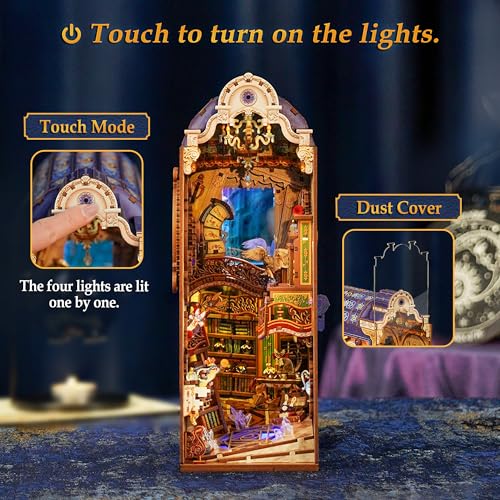 Image of Tonecheer DIY Book Nook Kit for Adults, 3D Wooden Puzzle Bookend Miniature House Kit, Booknook Bookshelf Insert Decor with Dust Cover and LED Lights Gifts (Magical Library)