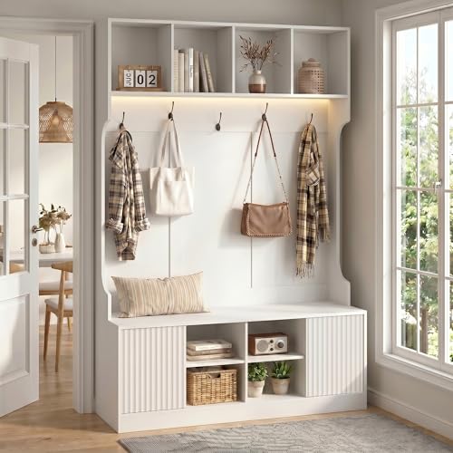 Hall Tree with Bench and Shoe Storage, 5-in-1 Entryway Coat Rack with LED Sensor Light, Hooks and Storage Cubes, Shoe Cabinet with Fluted Door, Modern Hall Tree for Entryway, Living Room