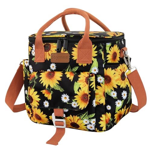 Joymee Insulated Lunch Bag for Women/Men, Waterproof Lunch Box for Office Work Picnic Beach, Reusable Large Leakproof Cooler Tote Bag with Adjustable Shoulder Strap & Side Pocket, Sunflower