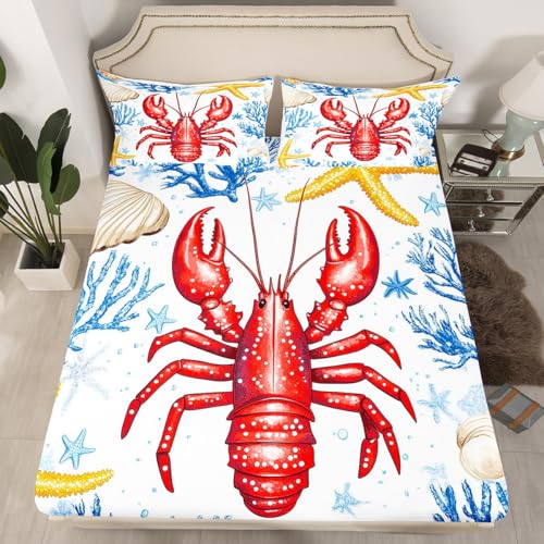Homewish Sábana bajera ajustable con diseño de langosta y animales marinos, tamaño doble, para niñas, niños y adolescentes, sábana coralina con diseño de estrella de mar, con 2 fundas de almohada