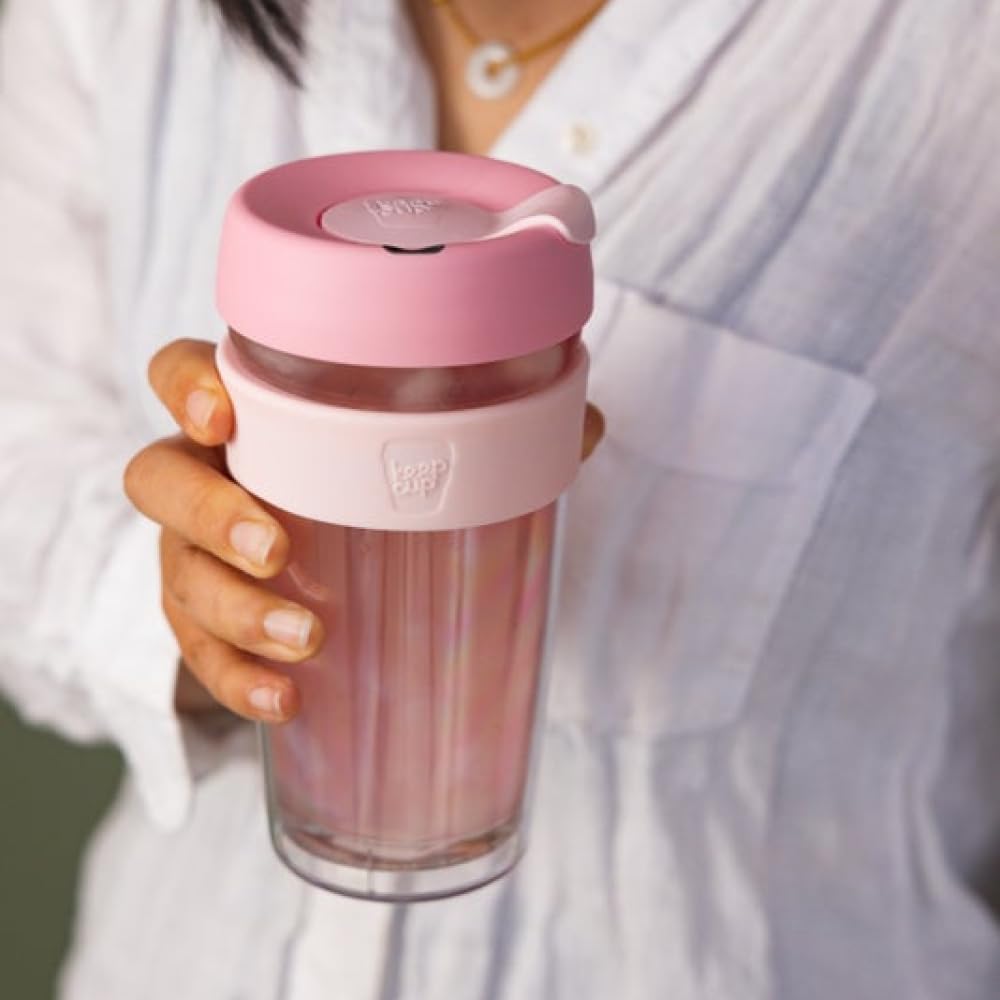 KeepCup Longplay Wiederverwendbare Kaffeetasse, doppelwandiges Glas mit abnehmbarer Hülle und spritzwassergeschütztem Trinkdeckel, 454 ml, roséfarben