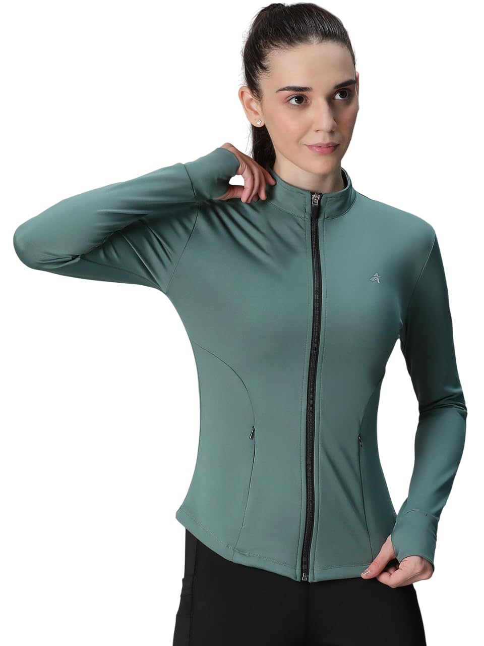 Women’s Full Zip Training Jacket with MockCollar & Thumbhole Sleeves | Quick-Dry, Stretchable, Lightweight Activewear for Gym, Yoga, Running & Sports