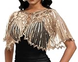 Beckyrebelly Women's 1920s Sequin Shawl Wraps Fringe Capelet Shawls for Evening Dresses Flapper Gatsby Accessories for Harlem Night Formal Party (Regular, Gold)