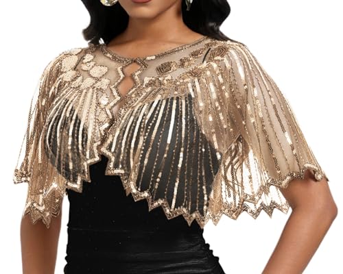 Beckyrebelly Womens 1920s Sequin Shawl Wraps Fringe Capelet Shawls for Evening Dresses Flapper Gatsby Accessories for Harlem Night Formal Party (Regular Gold)