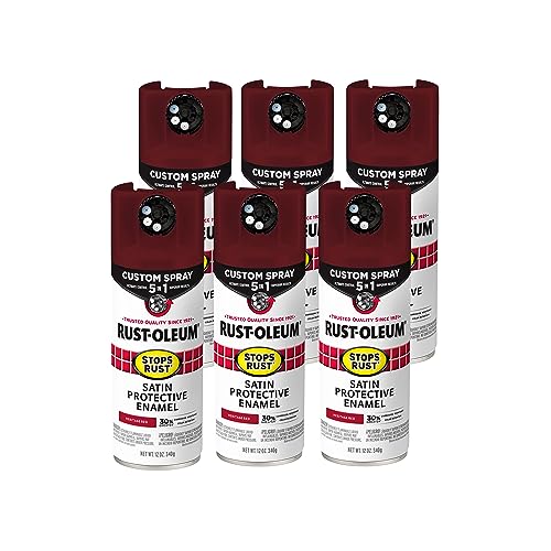 Image of Rust-Oleum Stops Rust Custom 5-in-1 Spray Paint, Satin Heritage Red | Rust Preventive Protective Enamel, Multi Surface (Metal, Wood and More), Adjustable Dial for Better Control, Fast Dry, 6 Pack