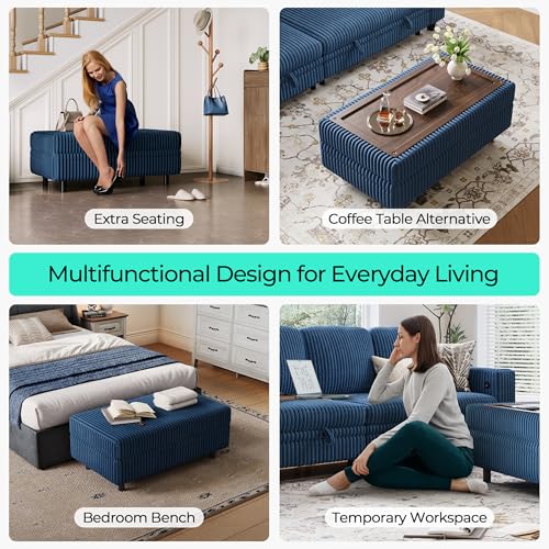 Image of LINSY HOME Sectional Sleeper Sofa - Modular Ottoman Module (Blue, Sleeper Sofa Ottoman) | Storage